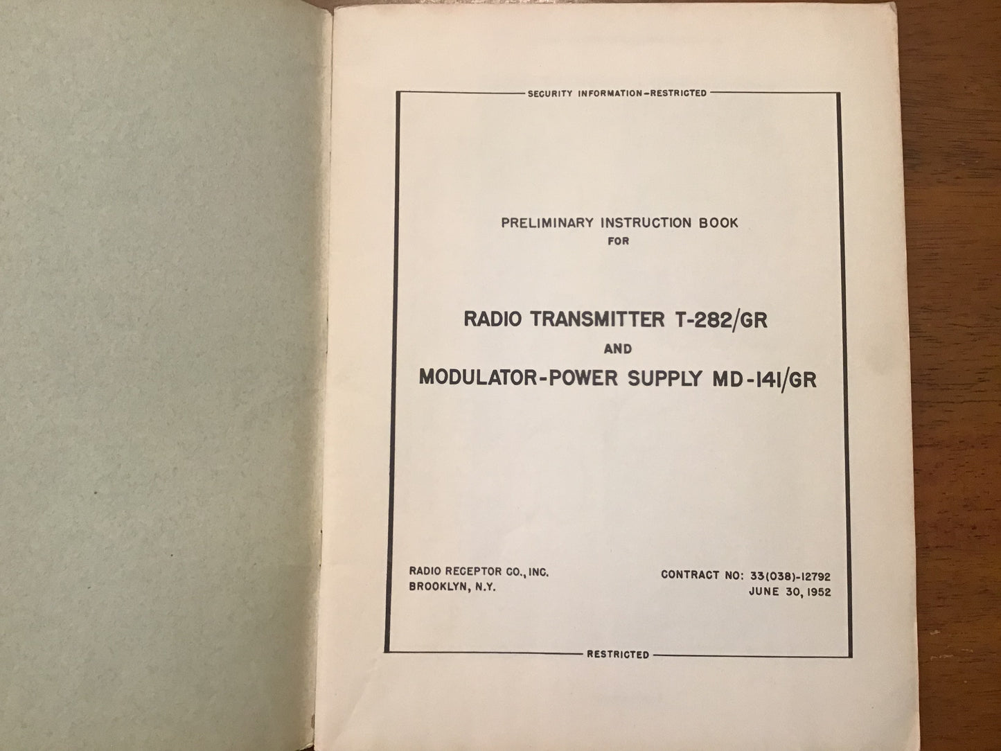 Korean War 1952 T-282/GR Radio Transmitter MD-141/GR Manual Restricted