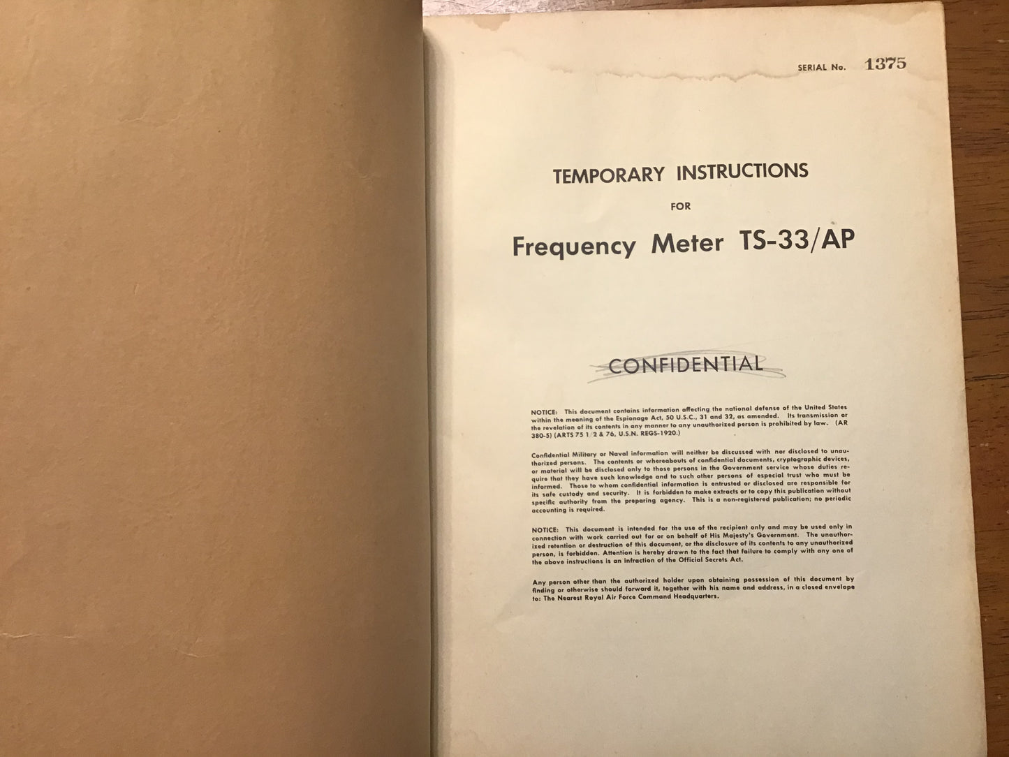 Vintage Military Frequency Meter TS-33/AP Temporary Instructions Manual Confidential
