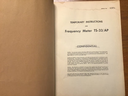 Vintage Military Frequency Meter TS-33/AP Temporary Instructions Manual Confidential