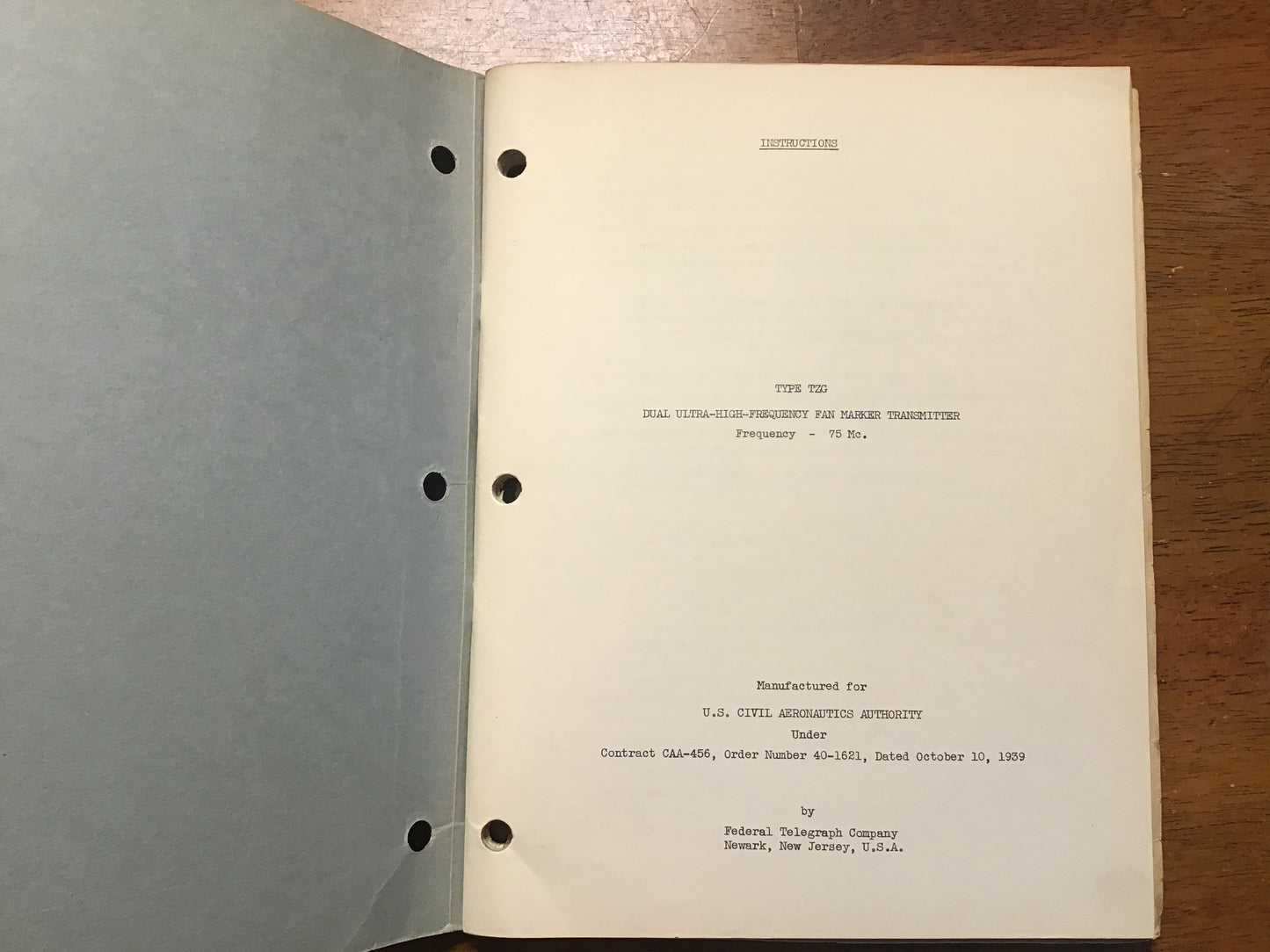 1939 CAA Type TZG Fan Marker Transmitter Manual Federal Telegraph
