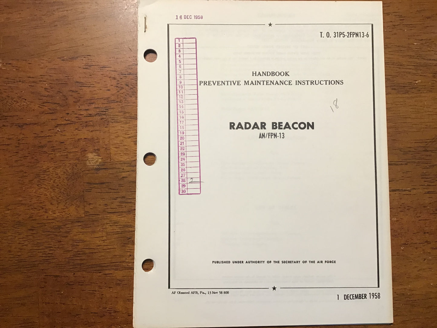 1958 USAF Radar Beacon AN/FPN-13 Manual T.O. 31P5-2FPN13-6 Cold War Radar