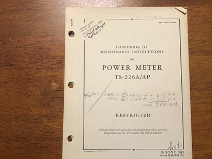 WWII 1945 TS-226A/AP Power Meter Manual AN 16-35TS226-2 Restricted Radar