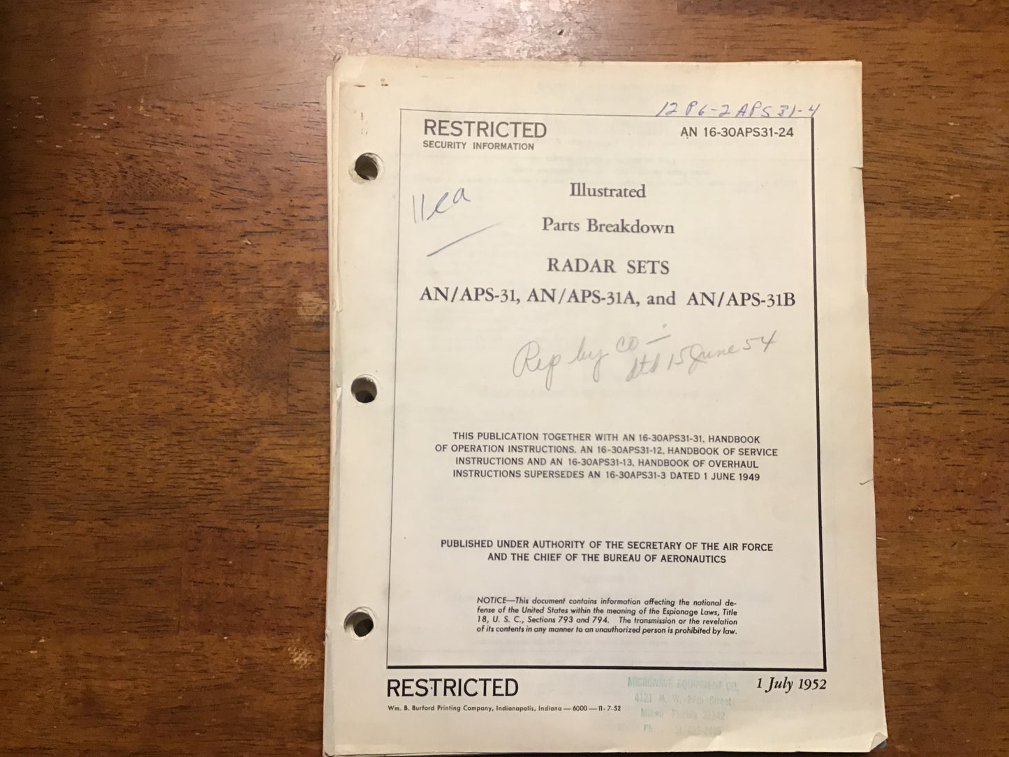 1952 USAF AN/APS-31 AN/APS-31A AN/APS-31B Radar Illustrated Parts Manual Restricted