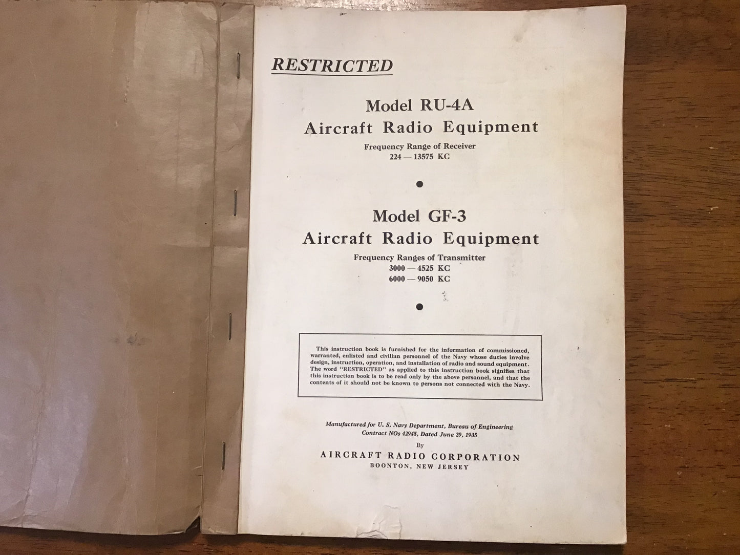 1935 U.S. Navy RU-4A GF-3 Aircraft Radio Equipment Manual RESTRICTED Original