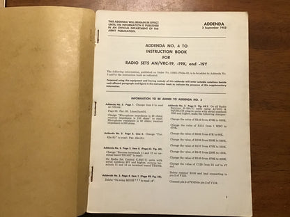 1953 Motorola Instruction Book Radio Sets AN/VRC-19, 19X & 19Y w/ Addenda No. 4