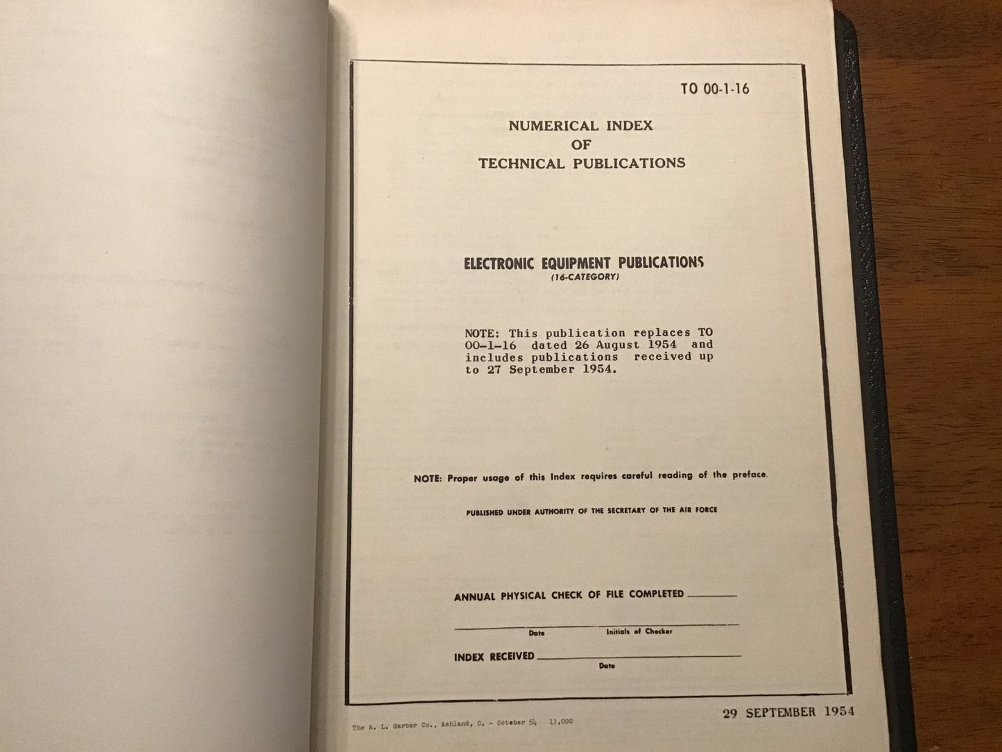 1954 USAF Technical Publications Index Binder TO 00-1-16 / TO 0-1-31 Equipment Lists