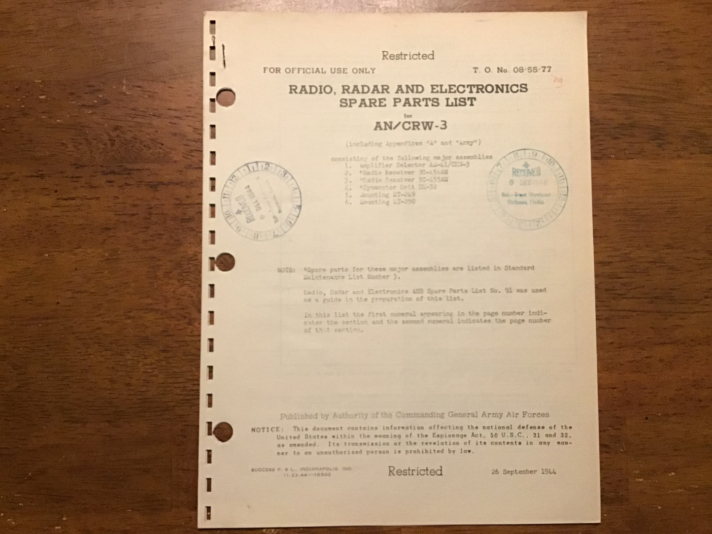 WWII 1944 USAAF AN/CRW-3 Radio Radar Electronics Spare Parts List T.O. 08-55-77