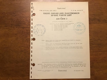 WWII 1944 USAAF AN/CRW-3 Radio Radar Electronics Spare Parts List T.O. 08-55-77