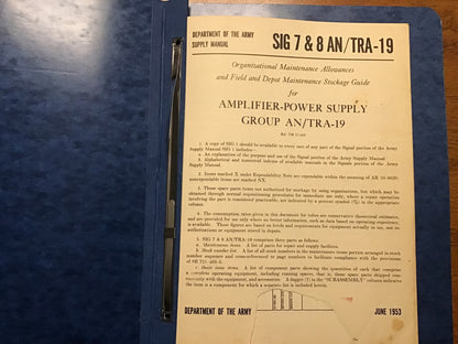 1953 US Army SIG 7 & 8 AN/TRA-19 Amplifier Power Supply Group Signal Corps Manual