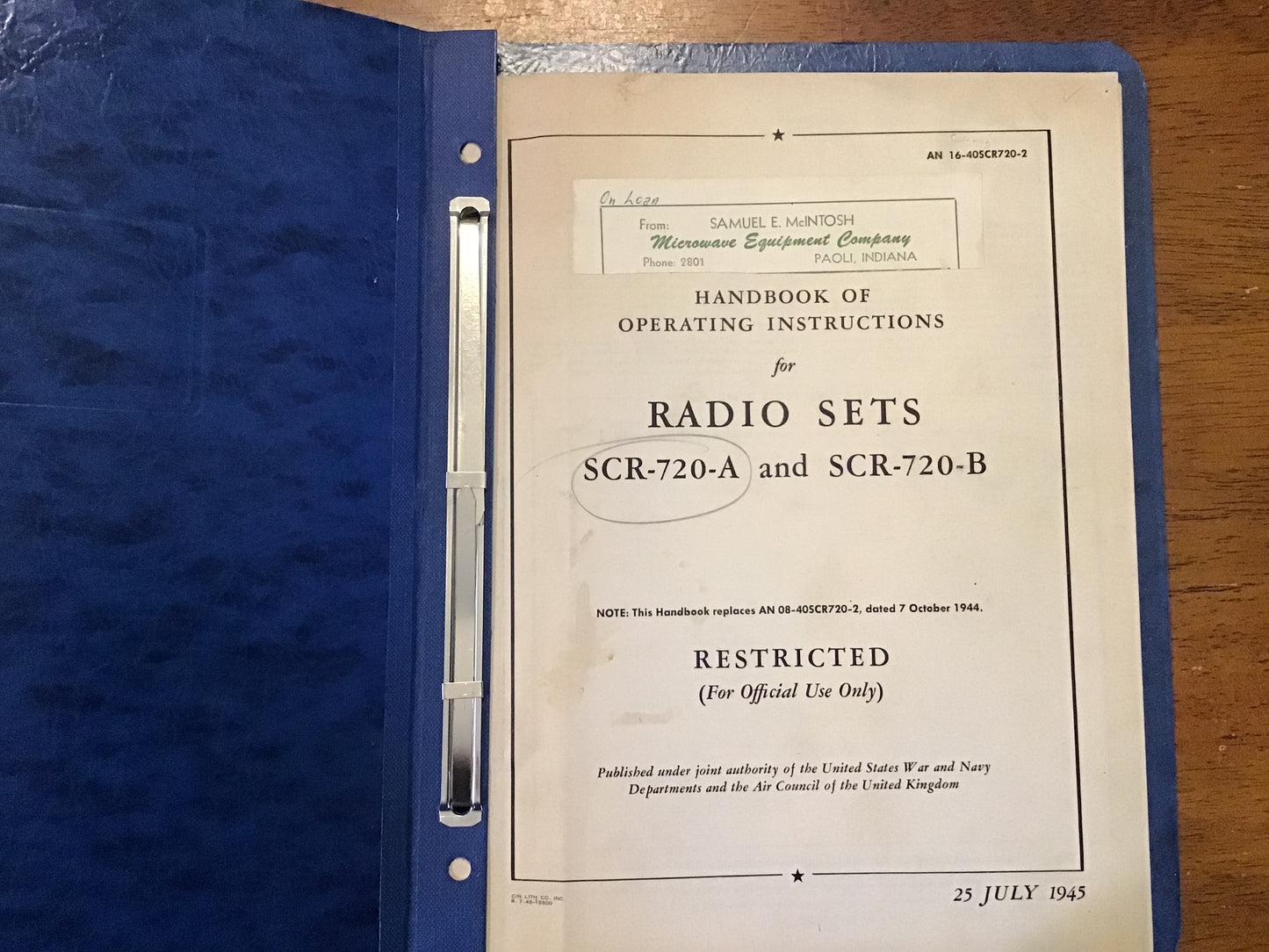 WWII 1945 SCR-720-A SCR-720-B Airborne Radar Operating Manual AN 16-40SCR720-2