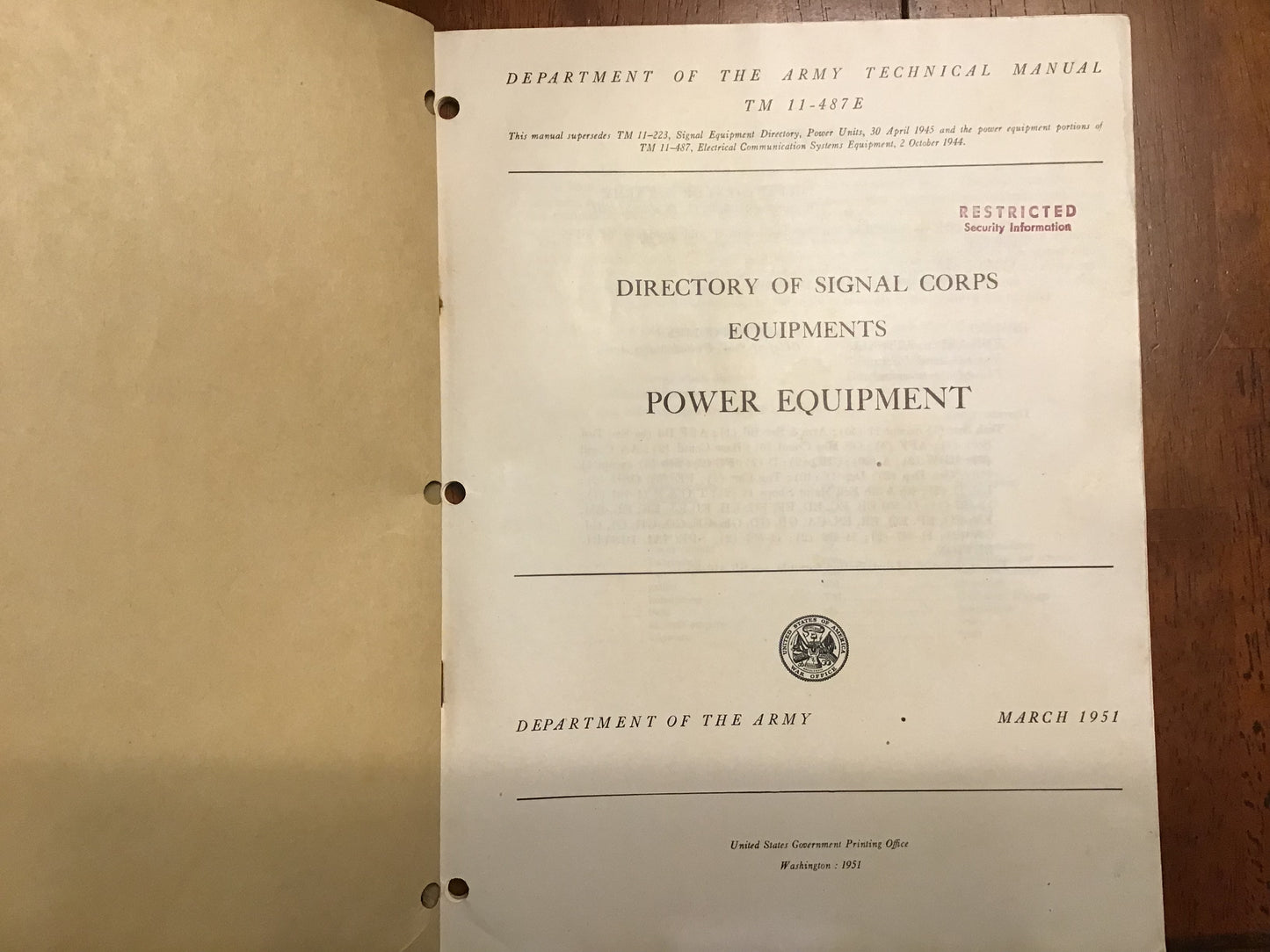 Original 1951 U.S. Army TM 11-487E Signal Corps Power Equipment Manual Restricted
