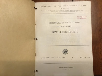 Original 1951 U.S. Army TM 11-487E Signal Corps Power Equipment Manual Restricted
