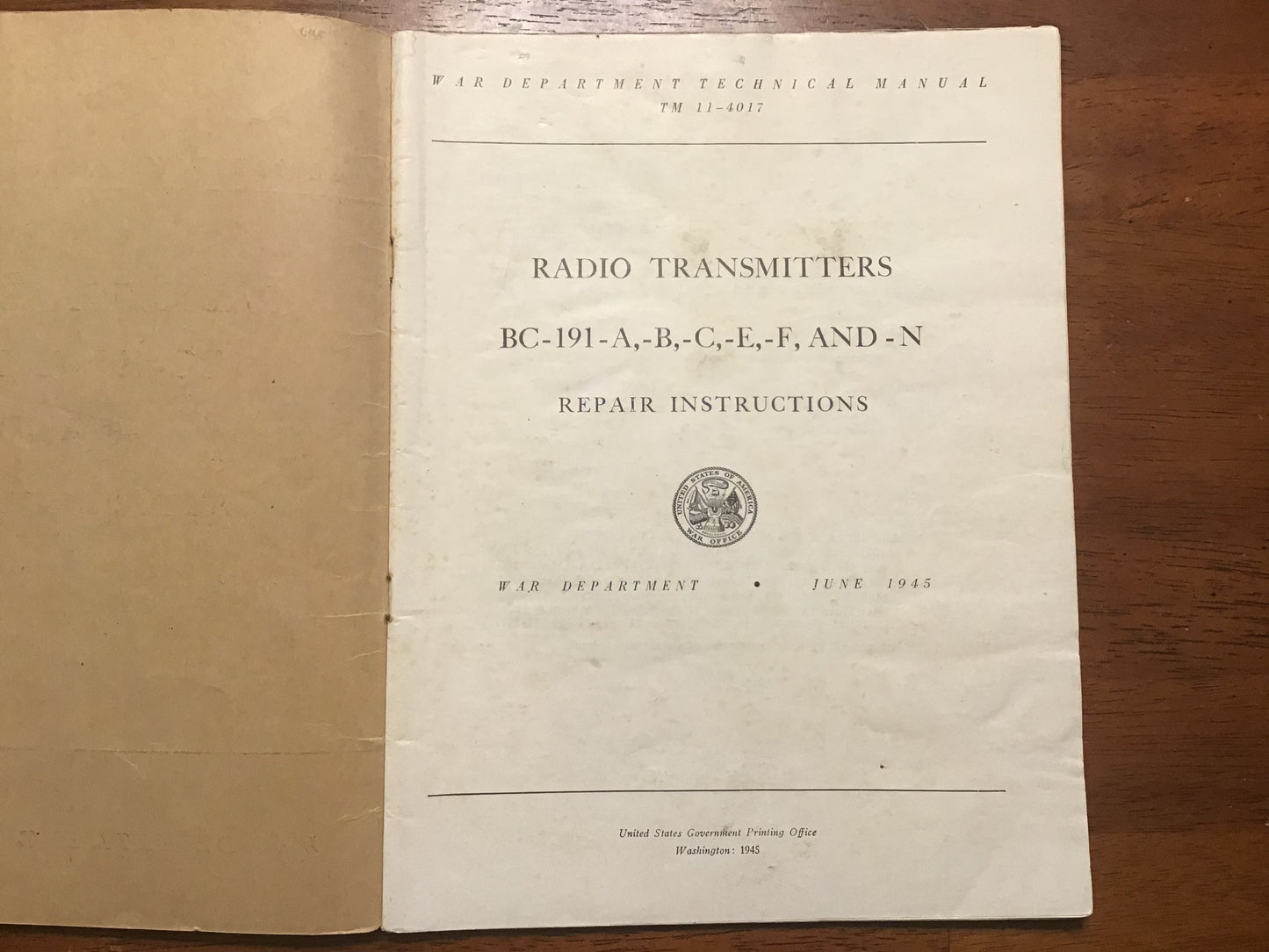 WWII 1945 U.S. War Department TM 11-4017 Radio Transmitters BC-191 Repair Manual