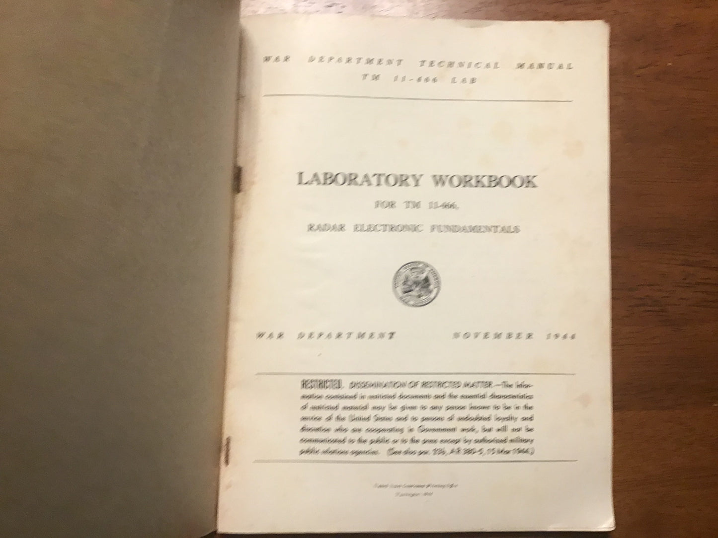 WWII 1944 TM 11-466 LAB Radar Electronic Fundamentals Laboratory Workbook Restricted