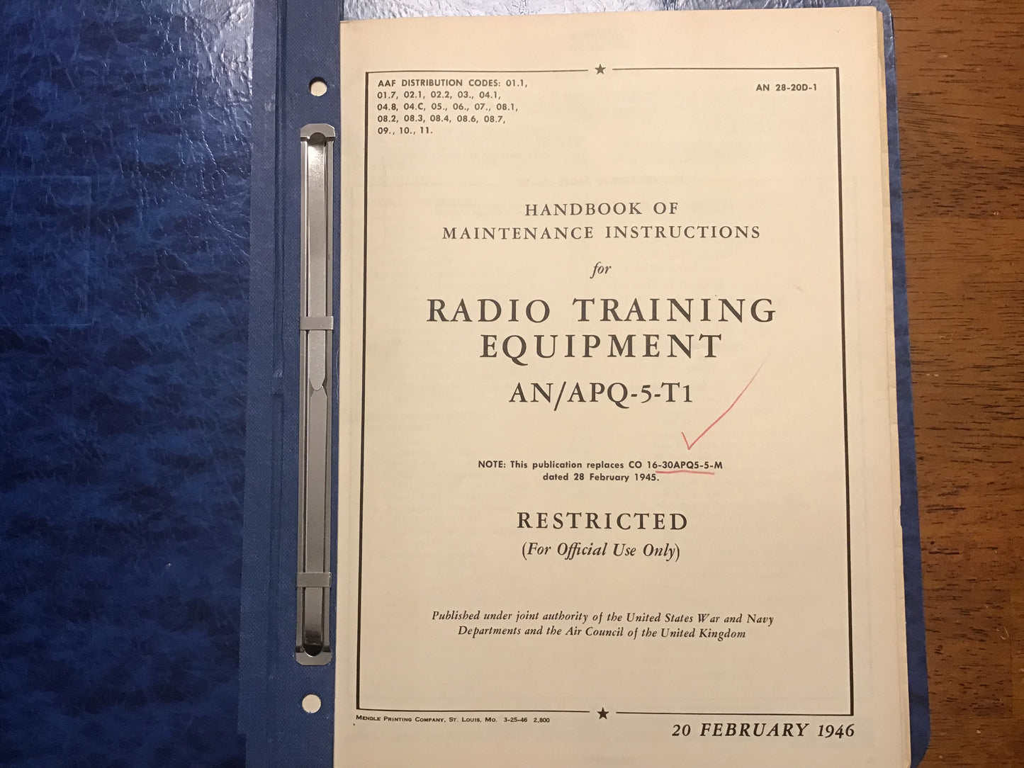 1946 USAAF AN/APQ-5-T1 Radio Radar Training Equipment Manual AN 28-20D-1 Restricted