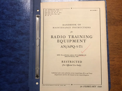 1946 USAAF AN/APQ-5-T1 Radio Radar Training Equipment Manual AN 28-20D-1 Restricted