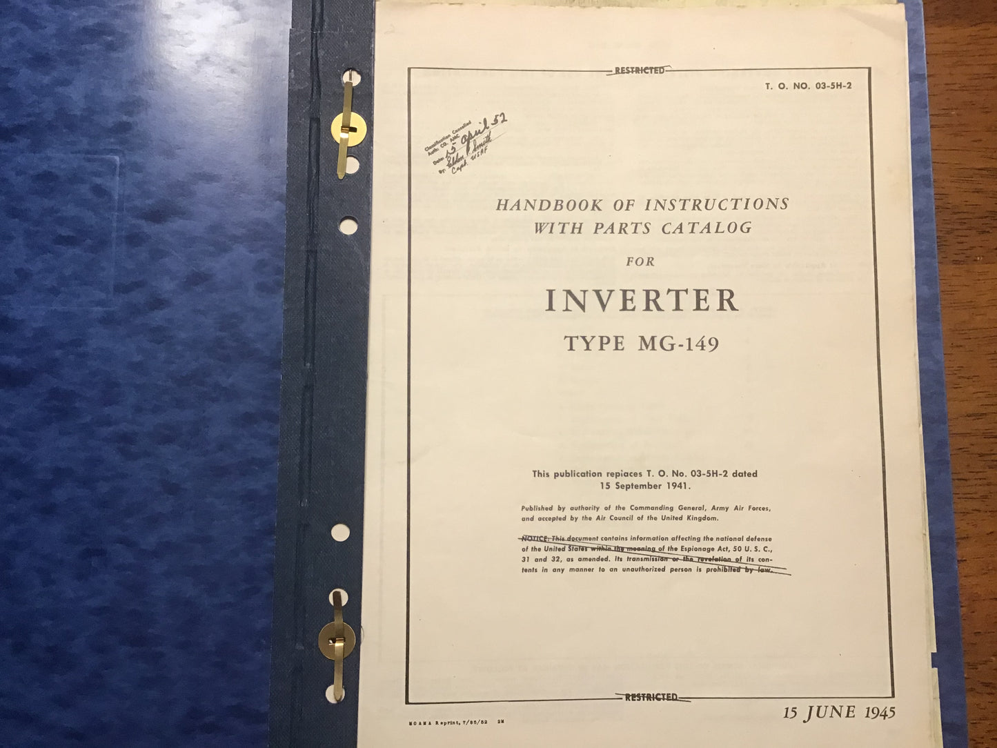 WWII USAAF MG-149 MG-149F MG-149H Aircraft Inverter Technical Manual Lot Binder