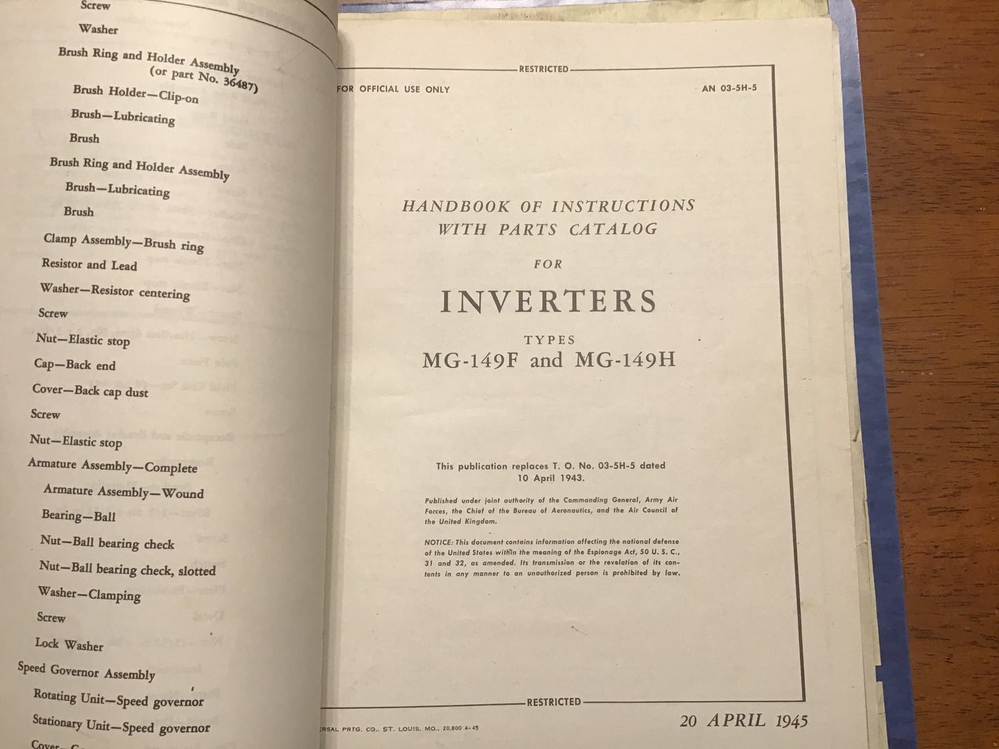 WWII USAAF MG-149 MG-149F MG-149H Aircraft Inverter Technical Manual Lot Binder