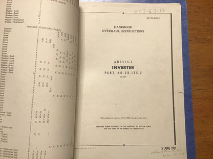 USAAF USAF Aircraft Inverter Technical Manuals Pioneer Bendix 1946-59 Binder