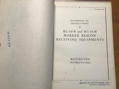 WWII USAAF RC-39 RC-43 Marker Beacon Receiver Manuals 1942-44 Restricted AAF