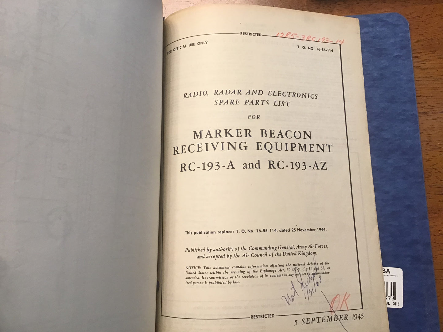 WWII USAAF RC-193-A RC-193-AZ Marker Beacon Radio Manuals BC-1033 Restricted