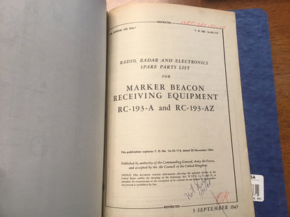 WWII USAAF RC-193-A RC-193-AZ Marker Beacon Radio Manuals BC-1033 Restricted