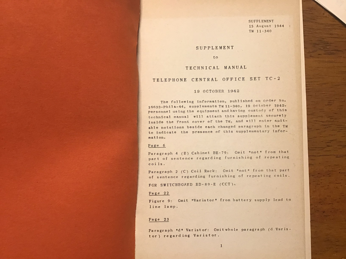 WWII 1942 US Army TM 11-340 Telephone Central Office Set TC-2 Manual + 1944 Supplement