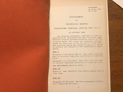 WWII 1942 US Army TM 11-340 Telephone Central Office Set TC-2 Manual + 1944 Supplement