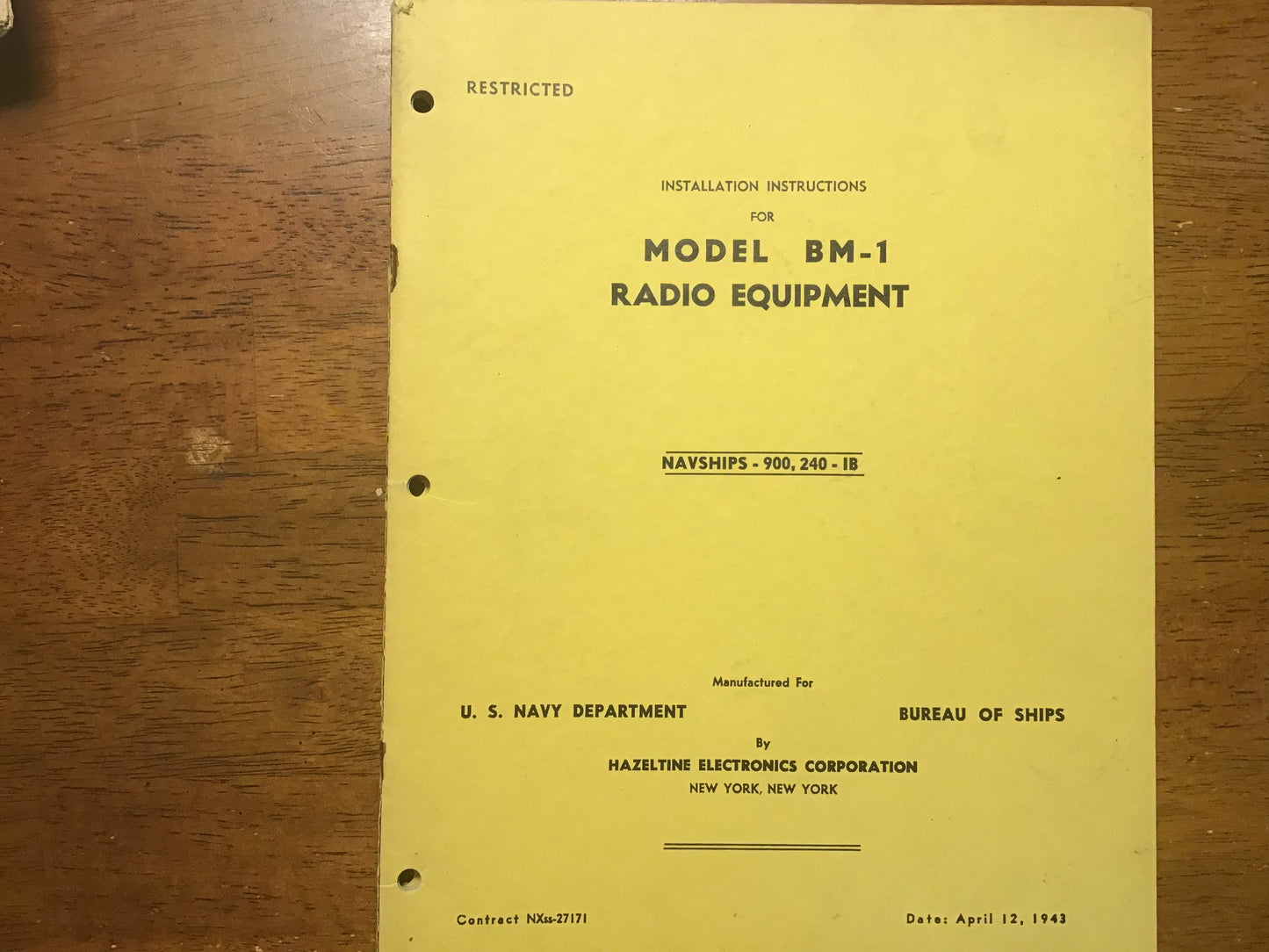 WWII 1943 US Navy Model BM-1 Radio Equipment Installation Manual NAVSHIPS 900,240-1B