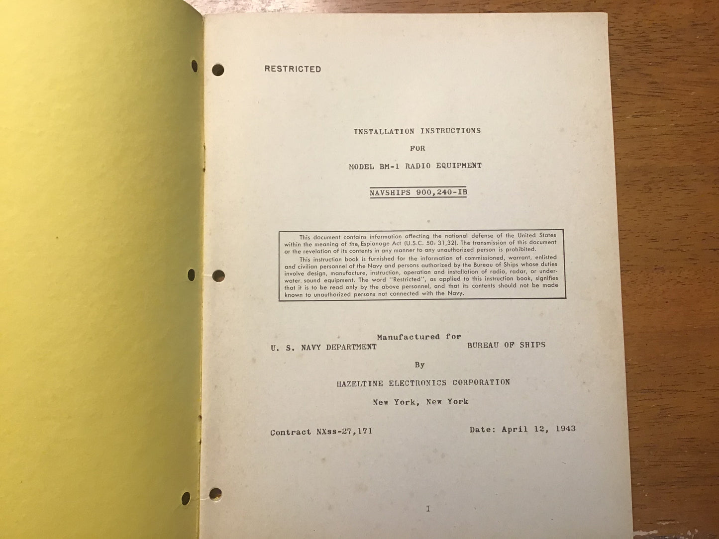 WWII 1943 US Navy Model BM-1 Radio Equipment Installation Manual NAVSHIPS 900,240-1B