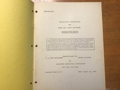 WWII 1943 US Navy Model BM-1 Radio Equipment Installation Manual NAVSHIPS 900,240-1B