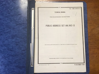 1967 USAF AN/AIC-13 Public Address Set Field Maintenance Manual T.O. 12R2-2AIC13-2