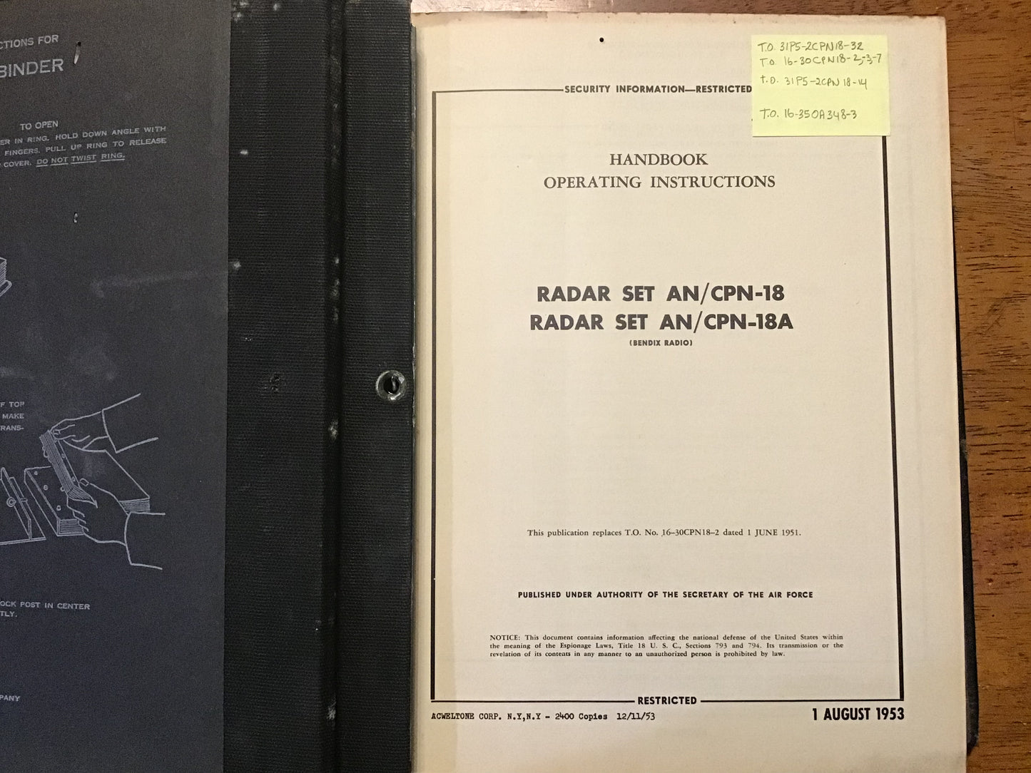 1952-53 USAF AN/CPN-18 AN/CPN-18A Radar Technical Manuals Bendix Binder Set