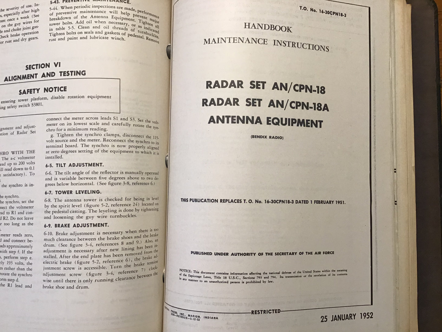 1952-53 USAF AN/CPN-18 AN/CPN-18A Radar Technical Manuals Bendix Binder Set