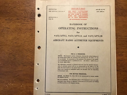 WWII 1943 USAAF AN/APN-1 APN-1A APN-1B Aircraft Radio Altimeter Manual