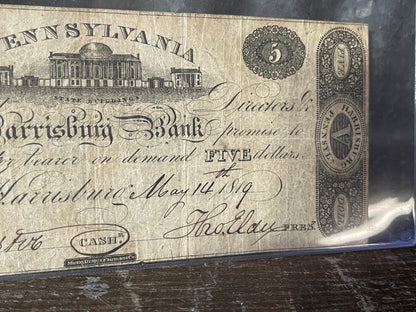 1819 Harrisburg Bank $5 Obsolete Bank Note — Harrisburg, Pennsylvania — May 14, 1819