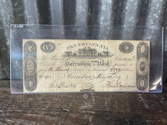 1819 Harrisburg Bank $5 Obsolete Bank Note — Harrisburg, Pennsylvania — May 14, 1819