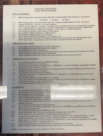 1955 Preliminary Instruction Book for Radar Test Set AN/UPM-66 – Motorola Defense Division