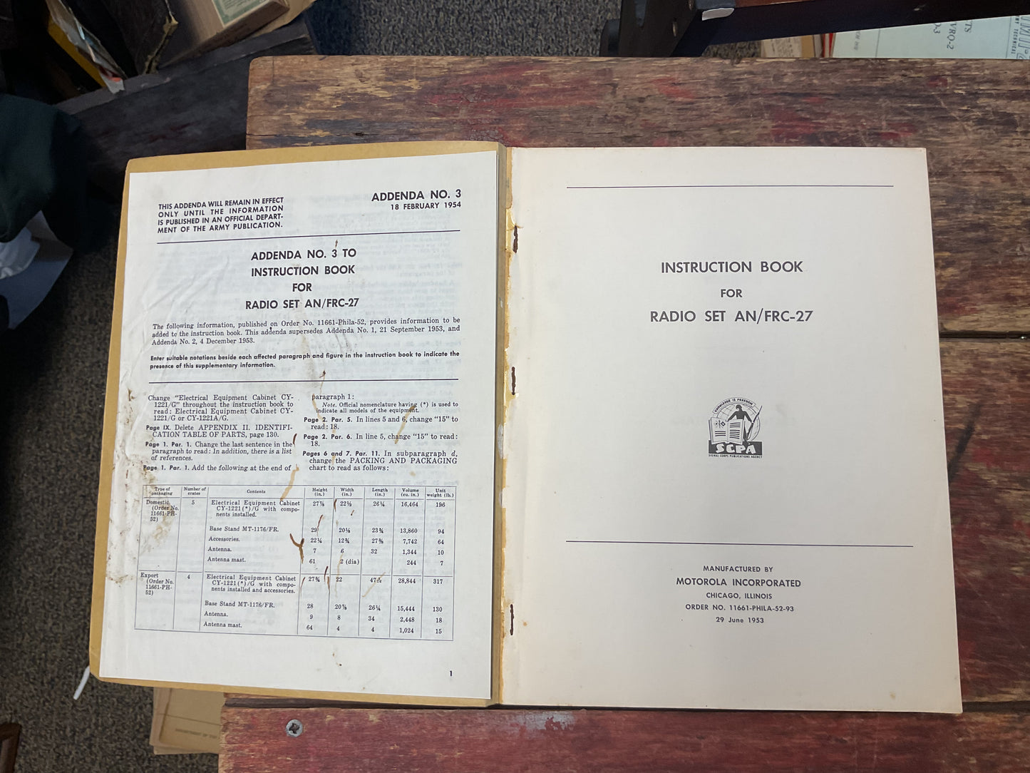 Cold War Era Instruction Book for Radio Set AN/FRC-27 – Motorola (1953) with Addendum No. 3