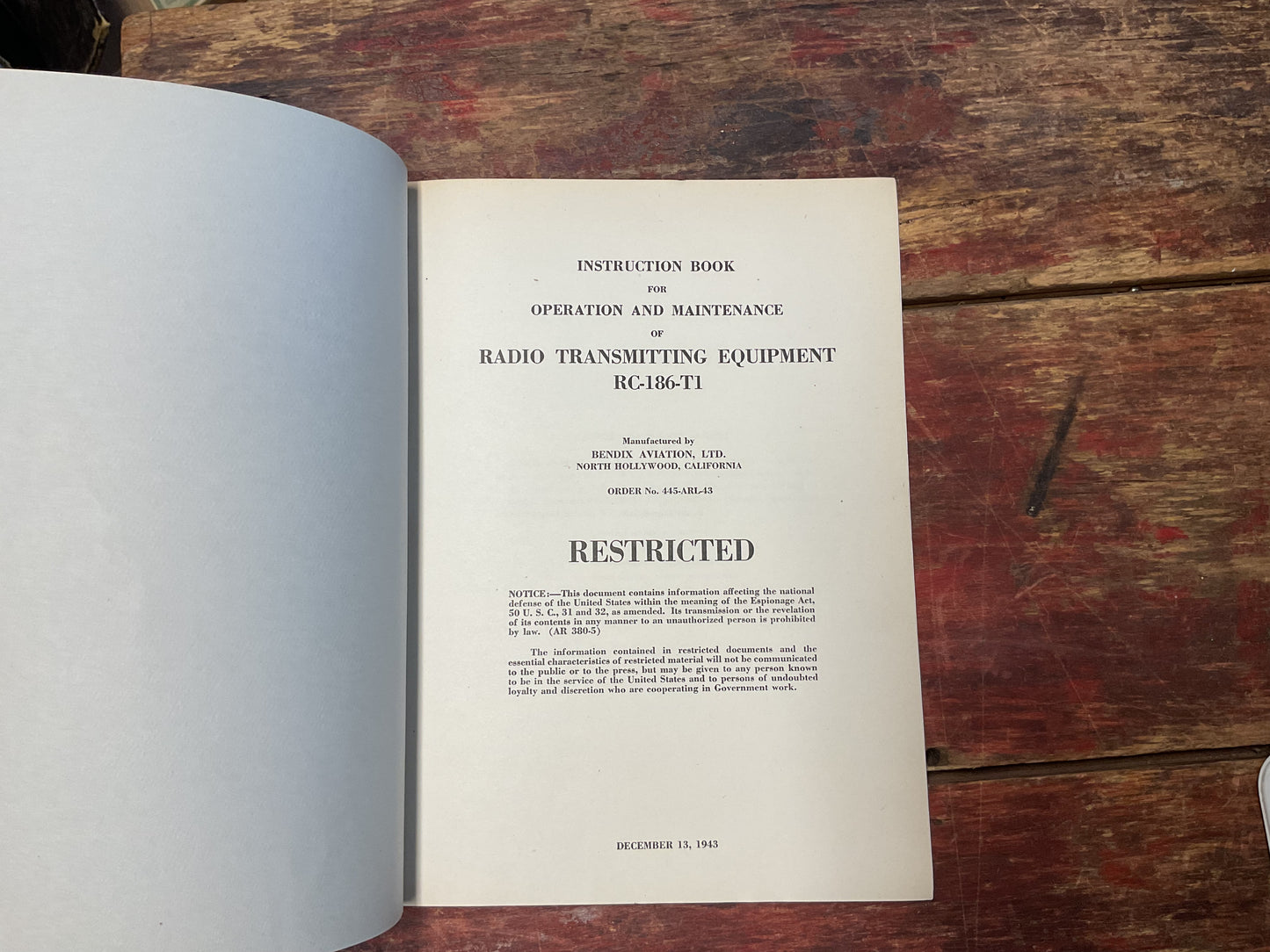 WWII Bendix Aviation RC-186-T1 Aircraft Radio Transmitting Equipment Manual – Restricted (1943)