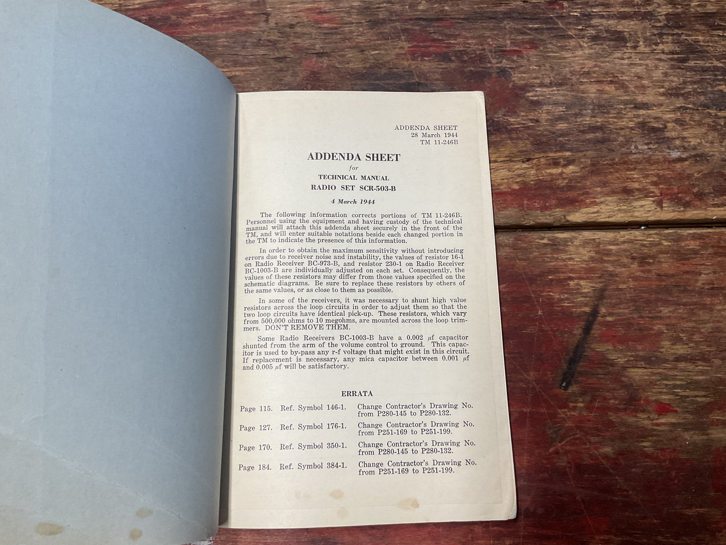 TM 11-246B Radio Set SCR-503-B (Direction Finding) Technical Manual with Original March 1944 Addenda