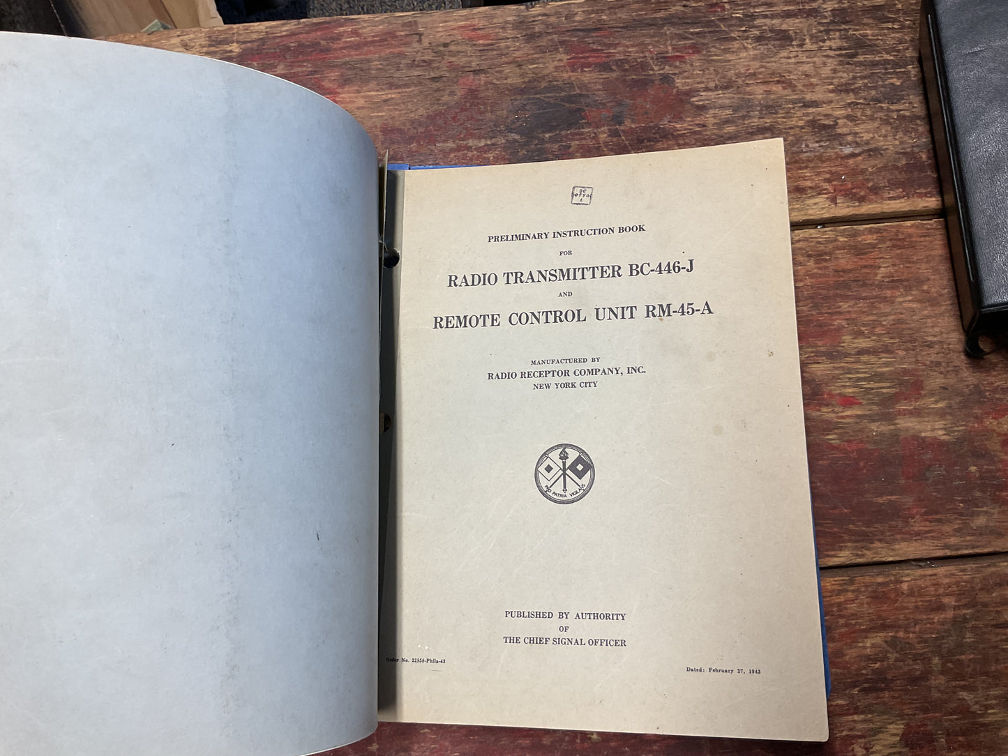 WWII Radio Receptor Co. BC-446-F & BC-446-J Radio Transmitter Technical Manual Binder Lot (1942–1943)