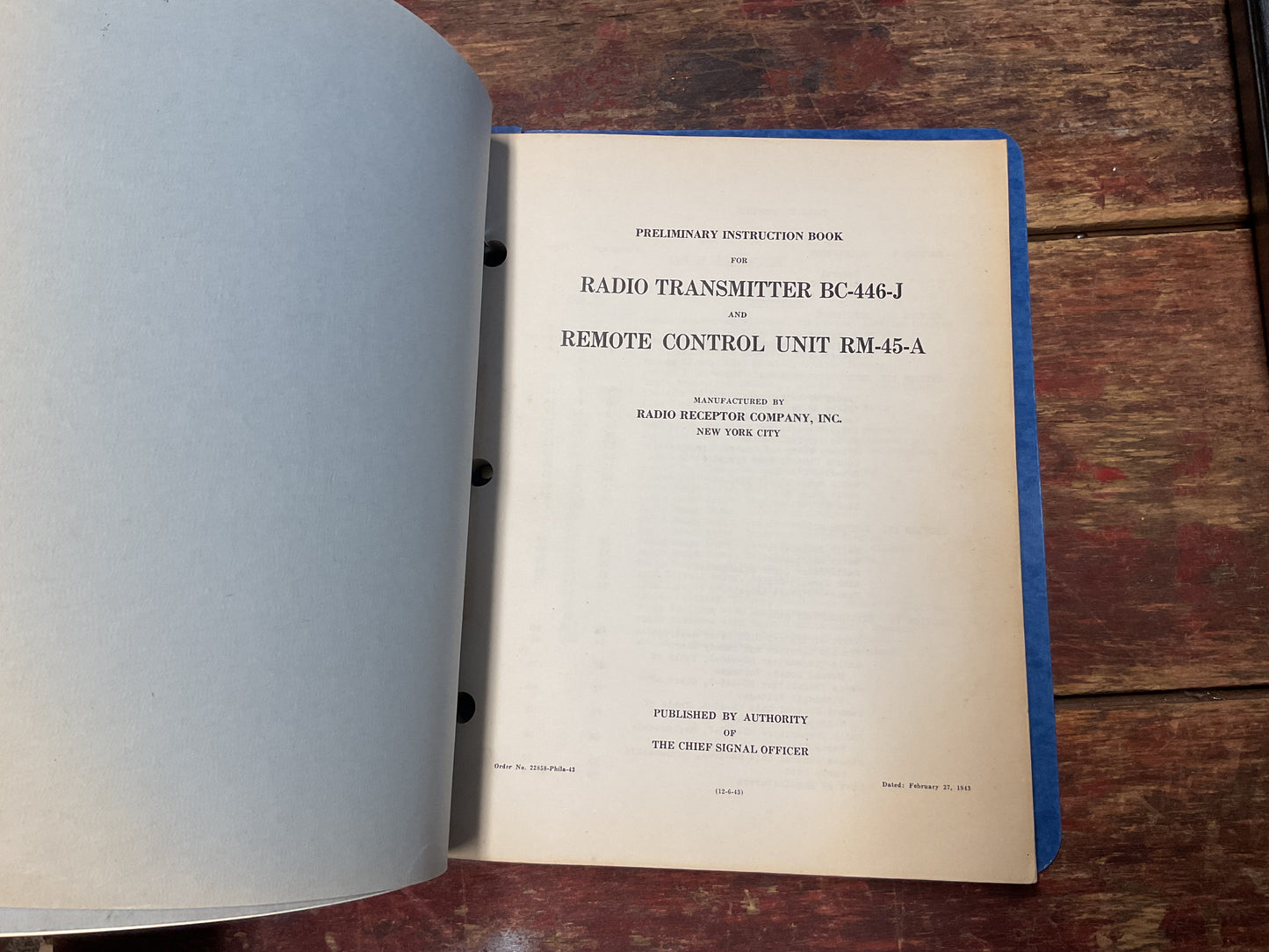 WWII Radio Receptor Co. BC-446-F & BC-446-J Radio Transmitter Technical Manual Binder Lot (1942–1943)
