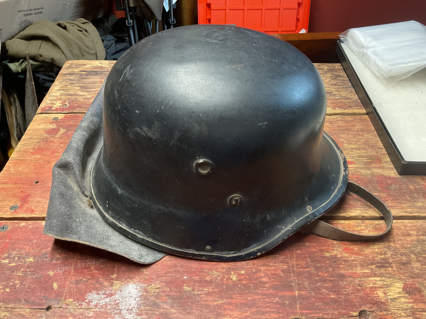 German M34 Civic Fire / Civil Defense Steel Helmet with Neck Guard – Complete Liner