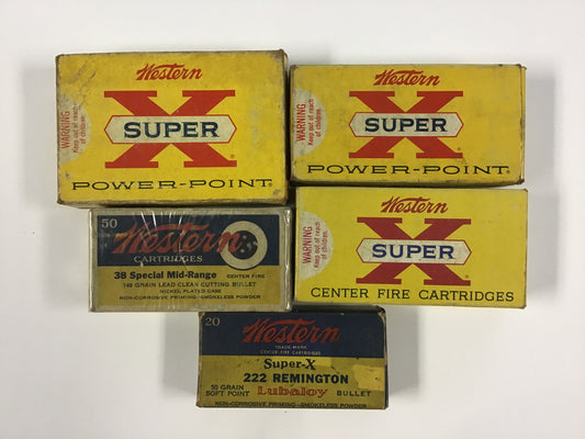 Vintage Western Ammunition Box Lot – 5 Empty Boxes – Power-Point, Super-X & .38 Special