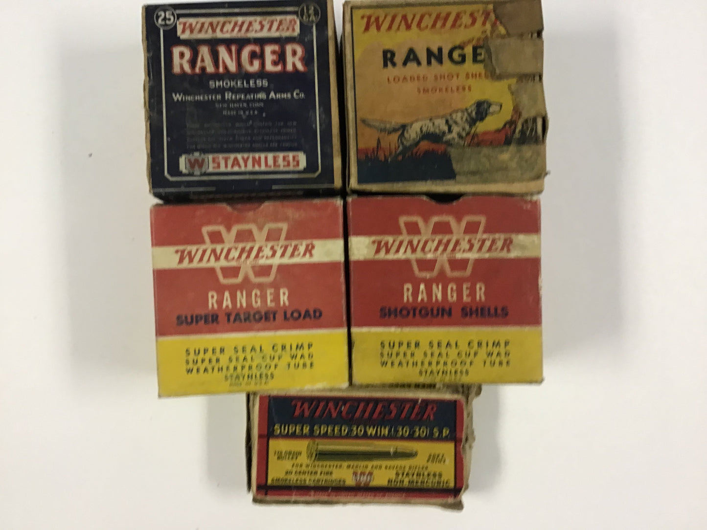 Vintage Winchester Ammunition & Shot Shell Box Lot – 5 Empty Boxes – Ranger, Super Speed & Shotgun Shells