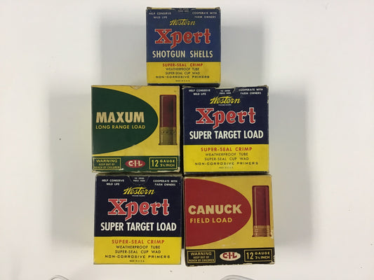 Vintage C-I-L & Western Shotgun Shell Box Lot – 5 Empty Boxes – Maxum, Xpert & Canuck