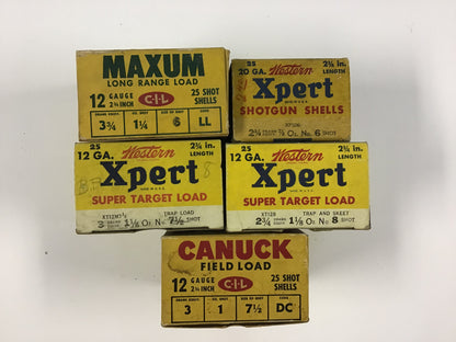 Vintage C-I-L & Western Shotgun Shell Box Lot – 5 Empty Boxes – Maxum, Xpert & Canuck