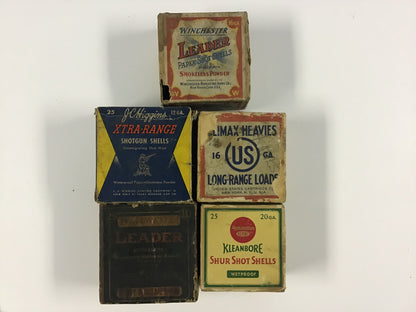 Early Vintage Shotgun Shell Box Lot – Winchester, J.C. Higgins, U.S. Cartridge & Remington – 5 Empty Boxes