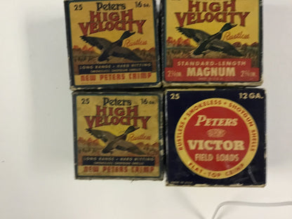 Vintage Peters Shotgun Shell Box Lot – 4 Empty Boxes – High Velocity, Magnum & Victor Field Loads